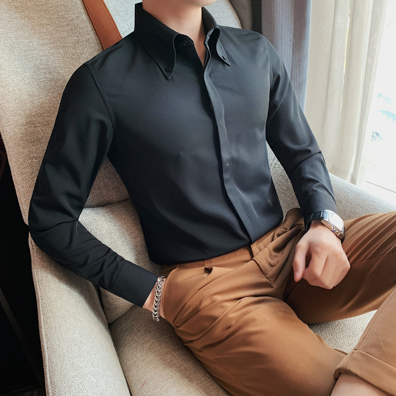 春秋韩版修身男士大翻领长袖衬衫型男白衬衫商务休闲纯色打底衬衣