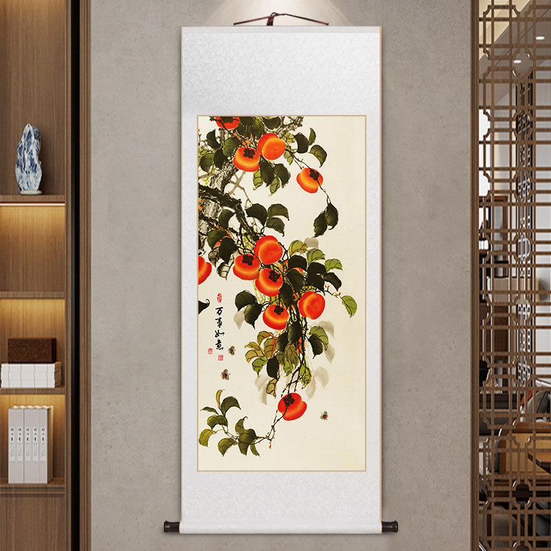 事事如意柿子画新中式客厅玄关装饰画卷轴挂画餐厅茶室壁画花鸟图