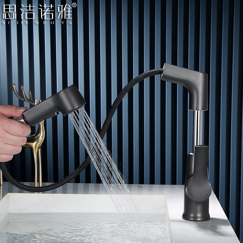 枪灰色全铜升降抽拉o式洗头水龙头面盆旋转伸缩卫生间轻奢洗脸台