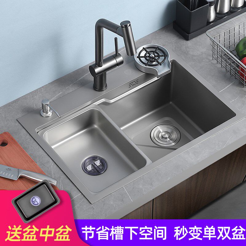 枪灰色洗菜盆厨房纳米洗碗槽304不绣钢家用大单槽水槽盆中手工盆A