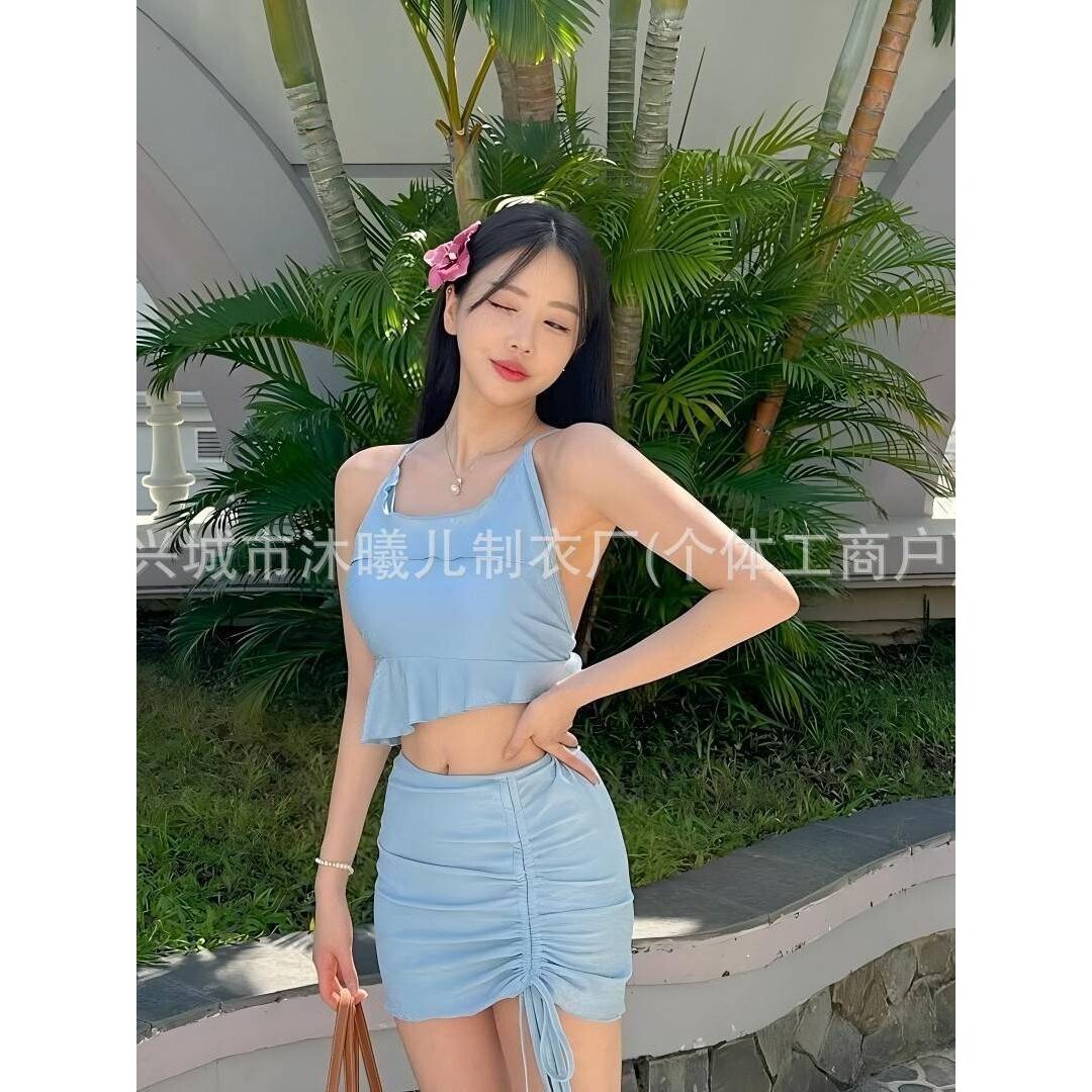 分体两件套游泳衣女高级感保守纯色简约遮肚显瘦学生性感泳衣女