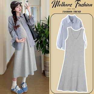 孕妇套装2025新款春秋时尚洋气时髦蓝J色刺绣衬衣背心连衣裙两件