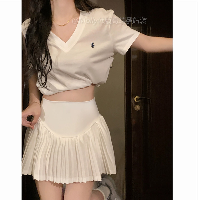 孕妇白色b纯欲百褶半身裙夏季薄款外穿时尚A字托腹半身短裙防走光