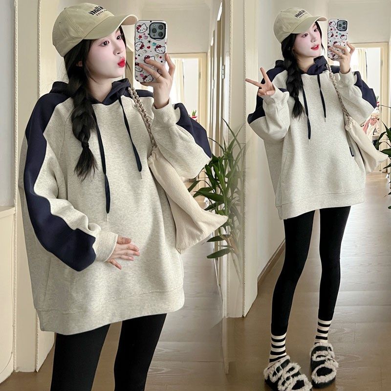 秋冬装新款韩版孕妇卫衣套装宽松大码加绒加厚连帽纯棉上衣200斤