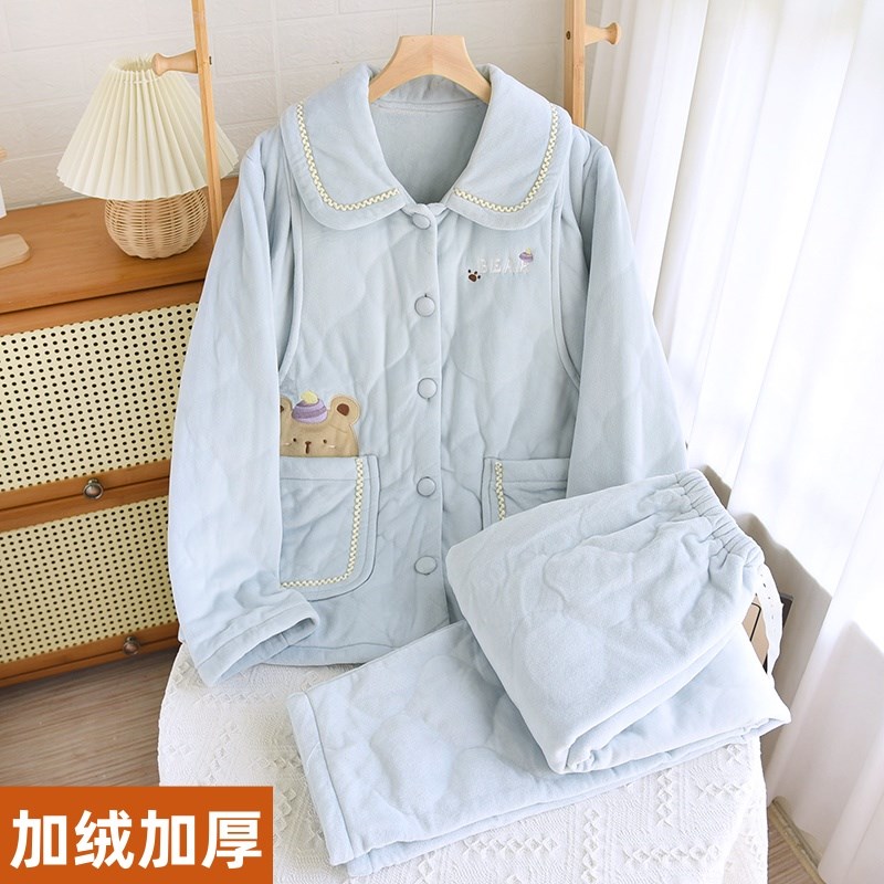 秋冬季天三层夹棉女睡衣月子服加绒G加厚哺乳家居服产后孕妇套装