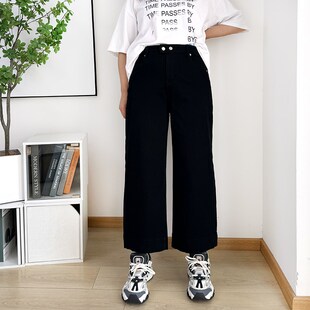 大码黑色直筒牛仔裤女2025春季高腰宽松女裤显瘦裤子胖mm九分裤