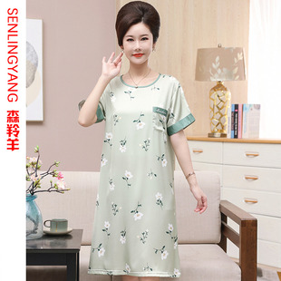 睡裙女夏季冰丝薄款真丝绸睡衣短袖中年K妈妈夏天大码家居服中长