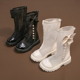 儿童靴子夏季新款时尚皮靴女童公主风长筒靴网面长靴镂空透气软底