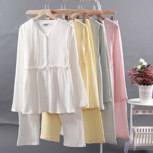 月子服纯棉绉布春夏秋季长袖产后透D气吸汗喂奶服纯色哺乳睡衣套