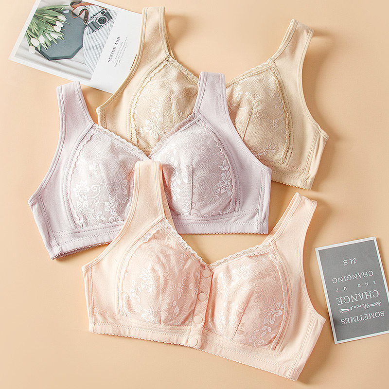 妈妈内衣文胸中年妇女老年人女背心式前扣大码薄款无W钢圈纯棉胸