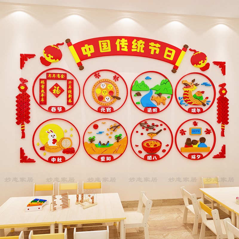 2025幼儿园新年装饰q墙贴中国传统节日主题创意文化墙布置3d立体