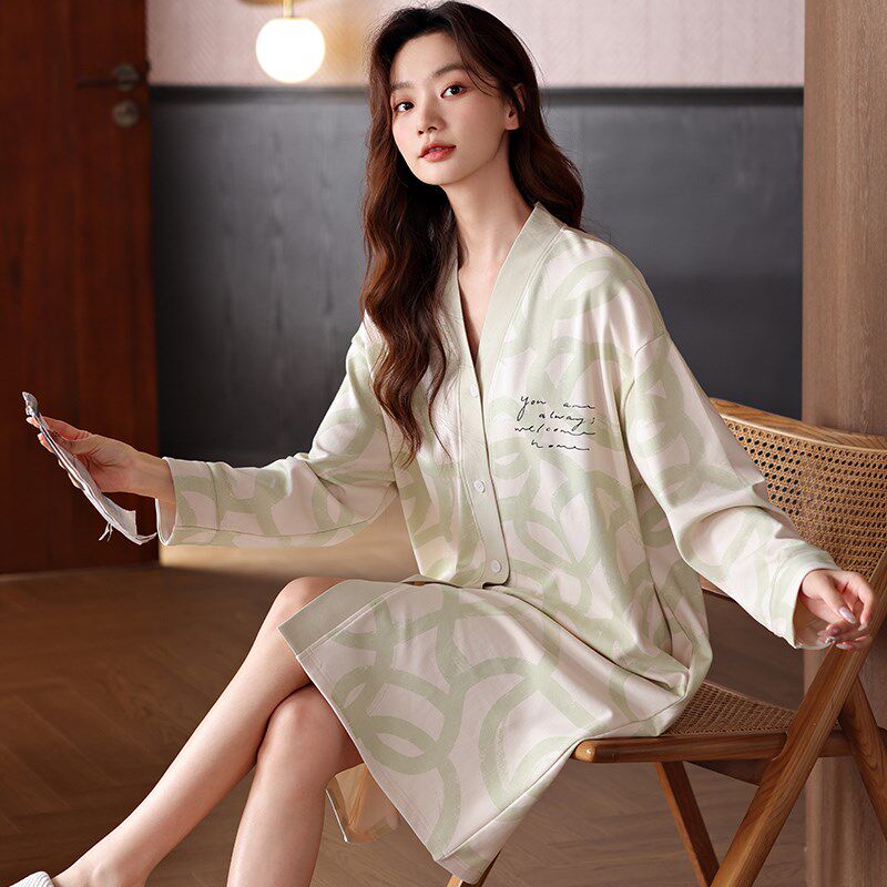 睡裙女秋冬款女纯棉长袖女士杏绿春秋季睡衣女M秋款2025新款高级