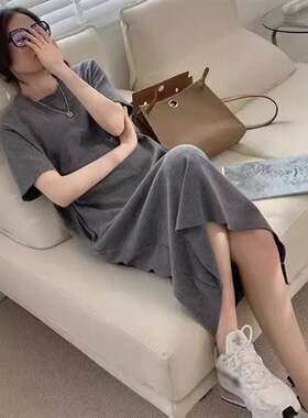 孕妇裙女2024夏季新款宽松中长款带口袋短袖t恤灰色连衣裙卫衣裙