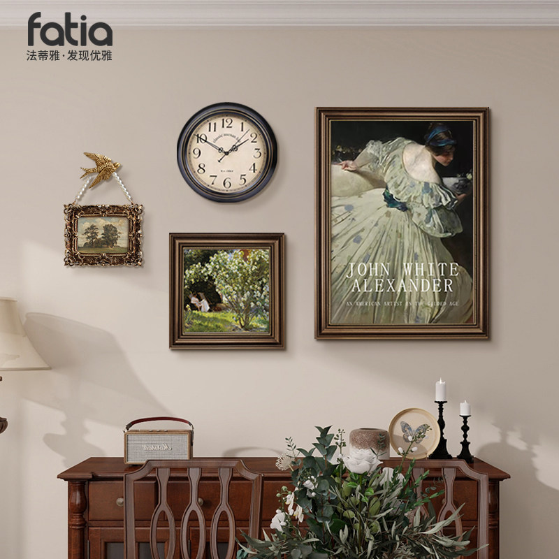 餐厅装饰画带钟表美式复古t油画高档饭厅壁画法式小众艺术组合挂