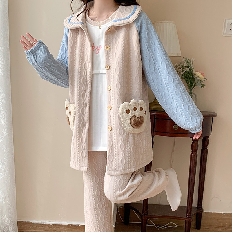 春秋冬季三件套纯棉加厚保暖空气棉产后喂奶哺乳月子服Z孕妇睡衣