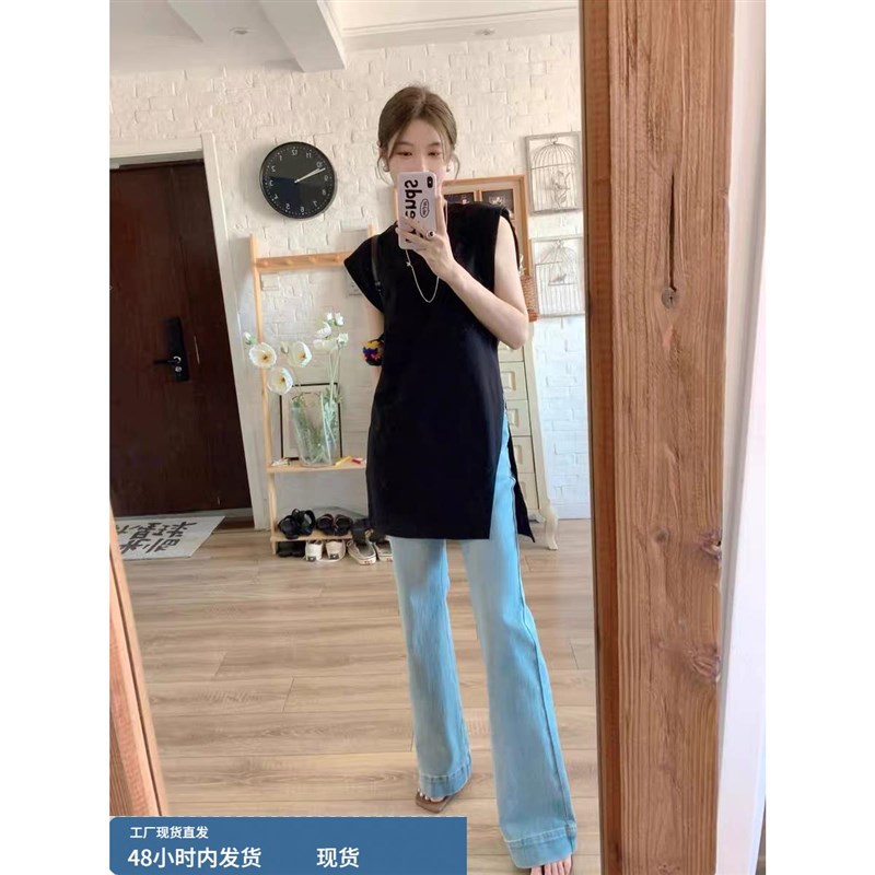 高腰弹力显瘦微喇叭牛仔裤女秋季新E款百搭宽松高个子加长拖地裤