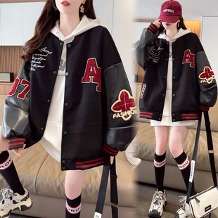 2025春季新款女装美式高街潮牌欧版大码复古拼PU皮夹克棒球服外套