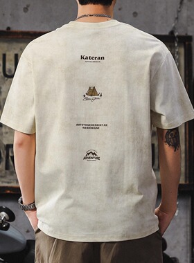 潮流重磅短袖t恤男美式复古云染印花圆领半袖高级感宽松大码上衣