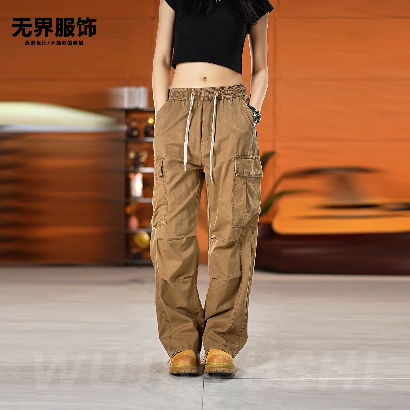 卡其色工装裤男女2025夏新款美式宽松多口袋休闲裤纯棉百搭直筒裤,男装,休闲裤,淘宝优惠券,粉丝福利购,淘宝优惠卷