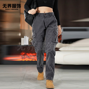 复古美式加绒工装裤男女同款宽松直筒男士长裤多口袋休闲裤秋冬款