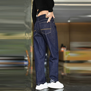 美式复古潮牌深蓝色直筒牛仔裤男士冬季加绒加厚高街宽松休闲裤子