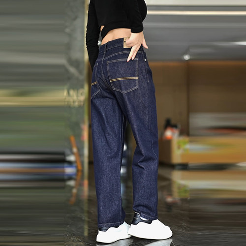 美式复古潮牌深蓝色直筒牛仔裤男