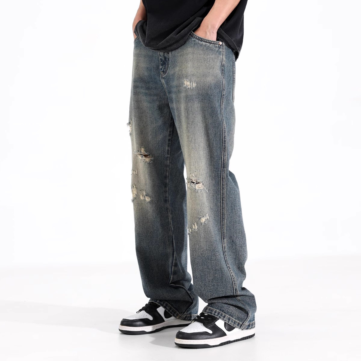 2025夏季美式复古做旧破洞牛仔裤男薄款宽松阔腿水洗直筒男款长裤