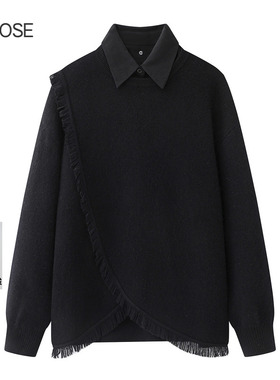2025冬新款艾诺丝百搭黑色假两件针织衫女翻领流苏边休闲上衣7737