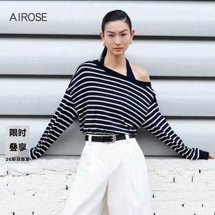 2026春新款艾诺丝条纹两件套针织衫女露肩长袖上衣减龄毛衣801201