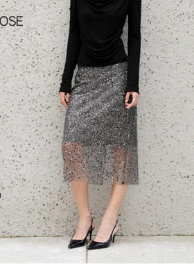 2026春季新款艾诺丝银色亮片裙时尚轻奢开叉包臀裙半身裙女351114