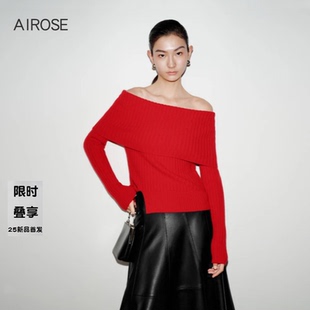 2025冬新款艾诺丝时尚百搭红色一字肩翻领针织衫毛衣女上衣804159