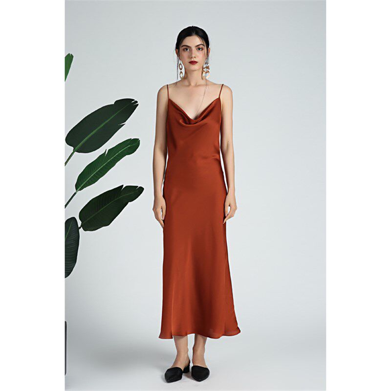 新品女装纯色荡领丝质缎面斜裁吊带连衣裙秋冬打底裙宴会礼服伴娘