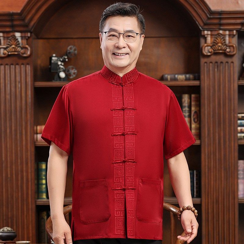 结婚爸爸衬衫唐装男中老年夏季套装60岁老人衣服生日宴会婚礼服装