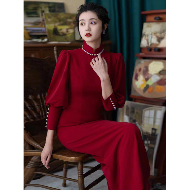 法式旗袍敬酒服新娘长袖2023新款中式订婚结婚红色礼服裙女高级感