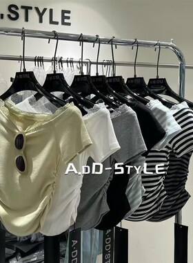 ADD韩版2025春夏新款纯欲显瘦斜肩设计感蕾丝短袖T恤辣妹上衣女