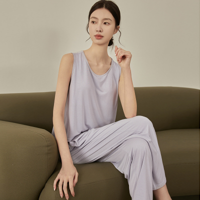 免文胸睡衣女夏i季薄款背心长裤套装可出门防凸点无袖家居服两件