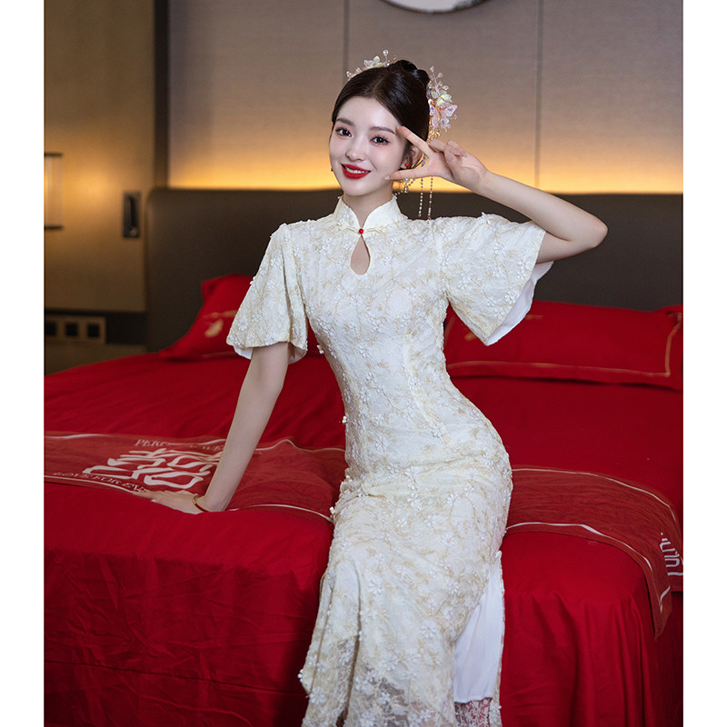 新中式订婚旗袍2024新款领证登记礼服裙女夏平时可穿显瘦衣服长款