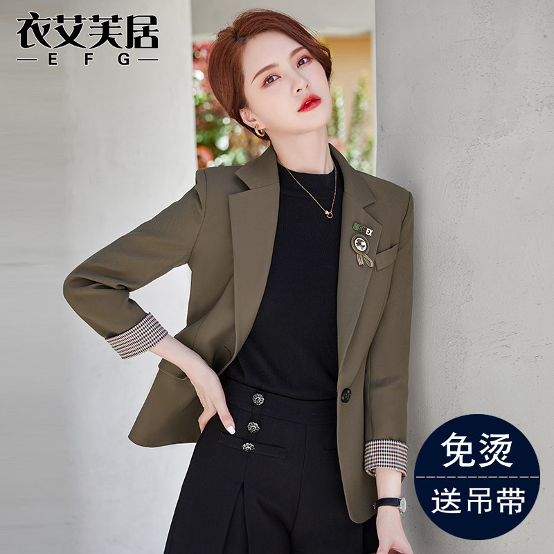 棕色西装外套女秋冬季2021新款高级感炸街短款小个子修身西服上衣