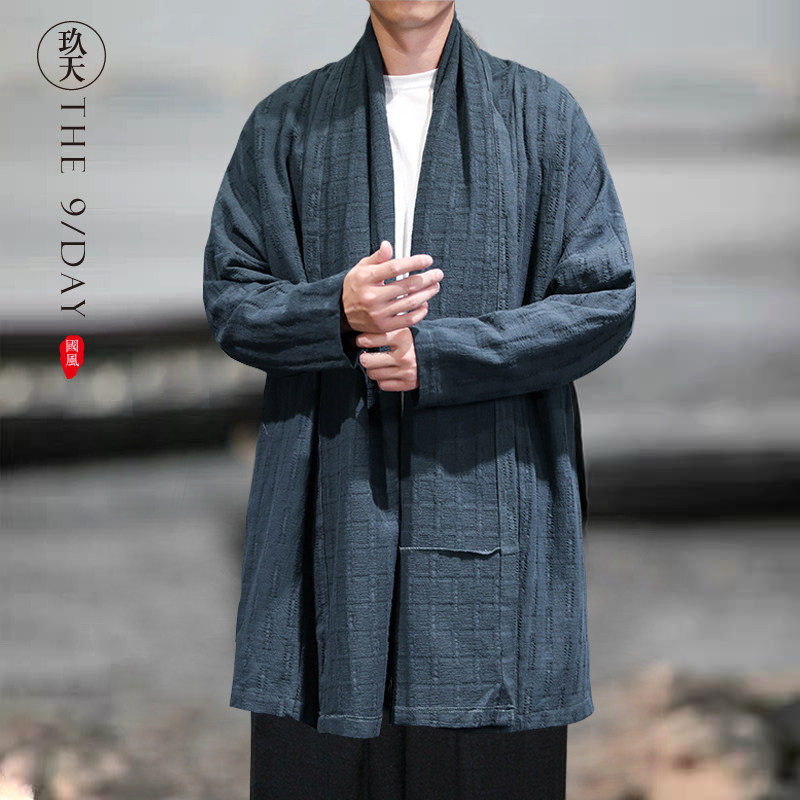 秋冬季中国风男装风衣外套中长款亚麻汉服披风开衫居士道服道袍