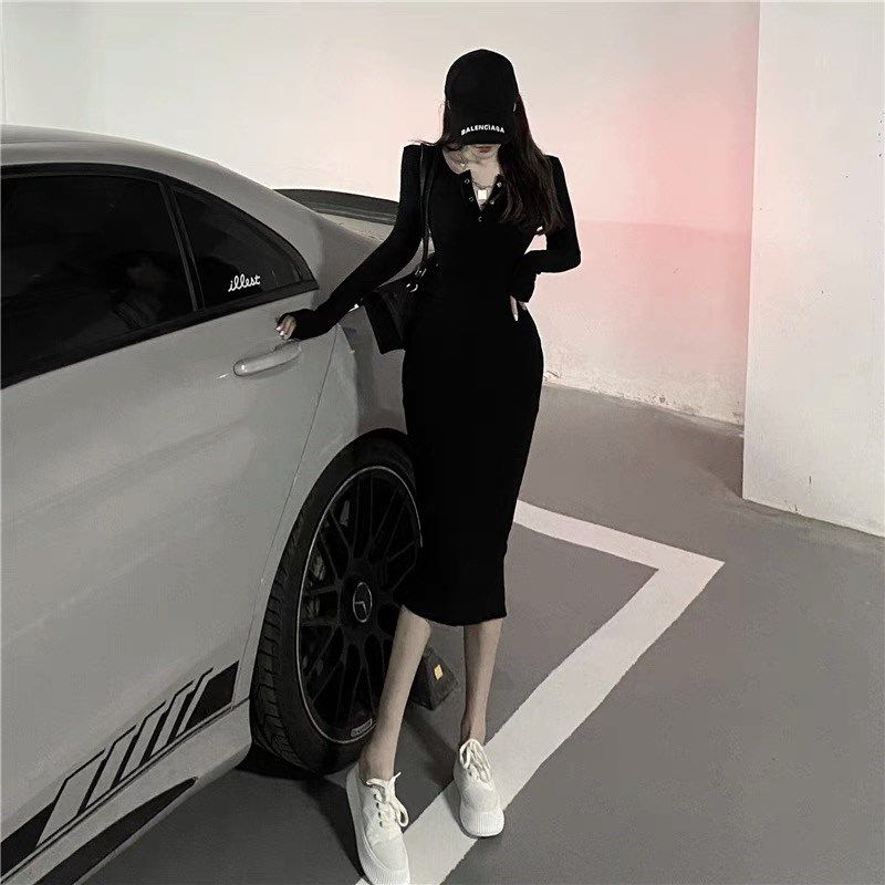 法式针织黑色过膝长裙女2023新款秋冬紧身收腰显瘦辣妹气质连衣裙