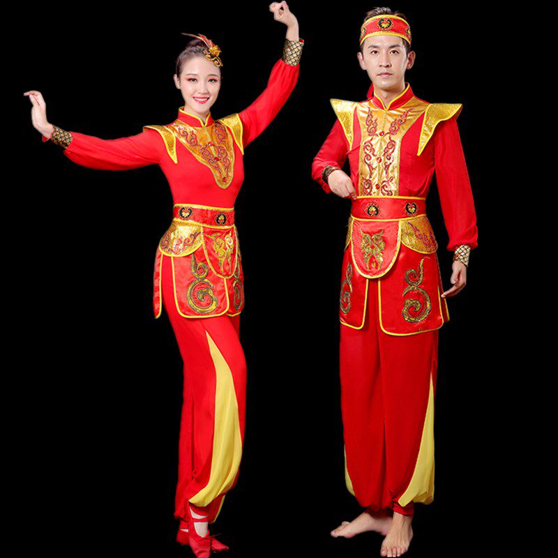 新款打鼓服演出服中国风成人腰鼓水鼓舞锣鼓队舞蹈服红色长袖喜庆