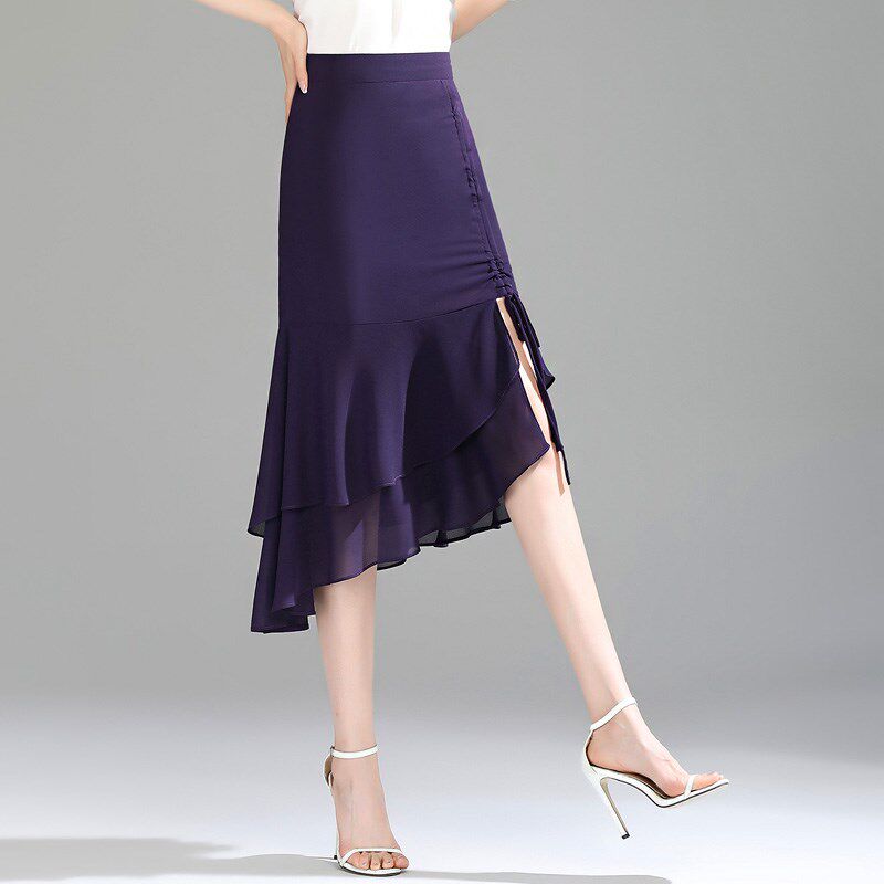 不规则雪纺半身裙女夏季中长款2025新款高腰显瘦开叉垂感鱼尾裙子