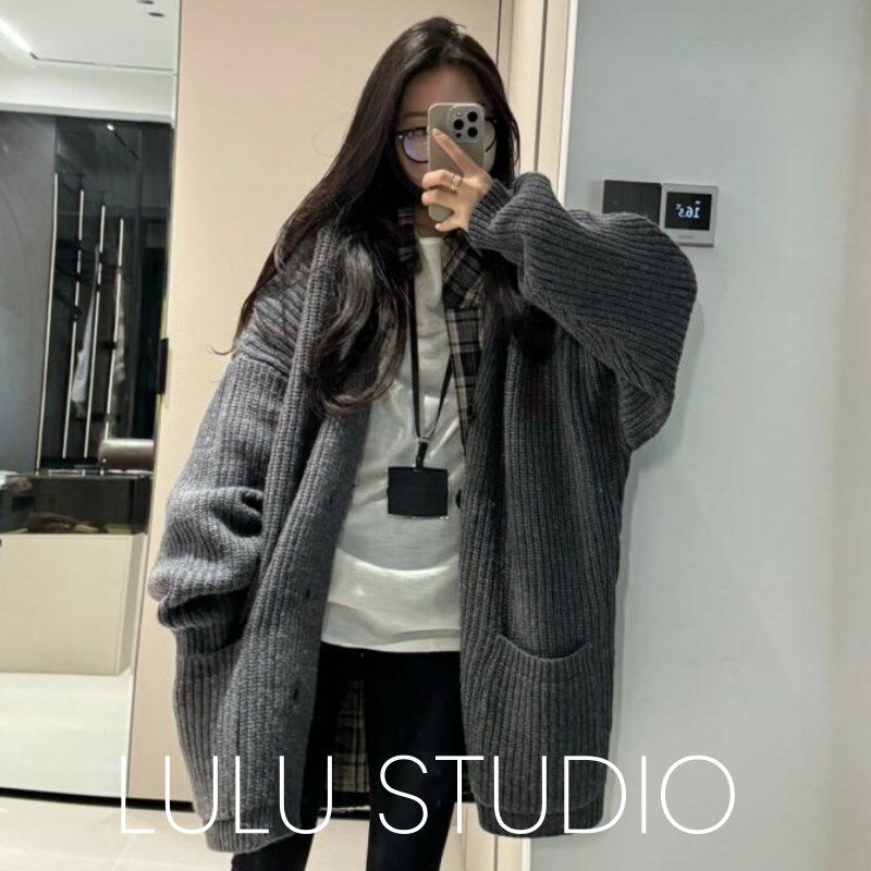 复古慵懒风针织外套女秋冬中长款小个子时尚韩系软糯灰色开衫毛衣