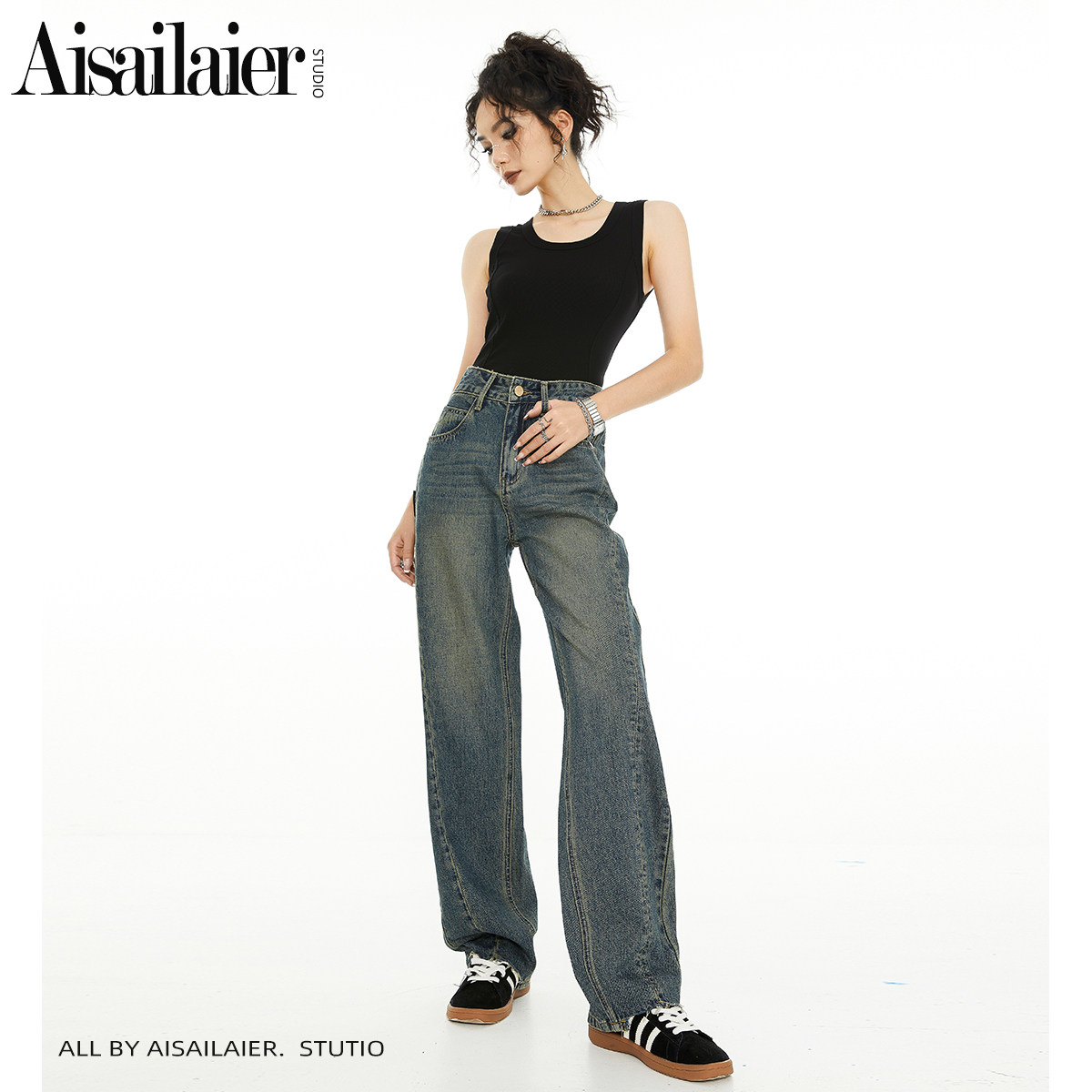 复古做旧高腰牛仔阔腿裤女2024年春季新款宽松显瘦拖地直筒裤子潮