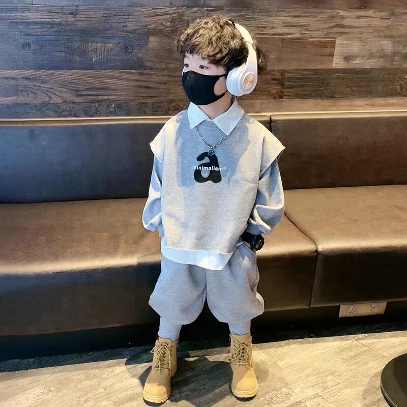 男童衬衫马甲套装小童春秋2023新款男孩卫衣长裤秋装男宝宝三件套