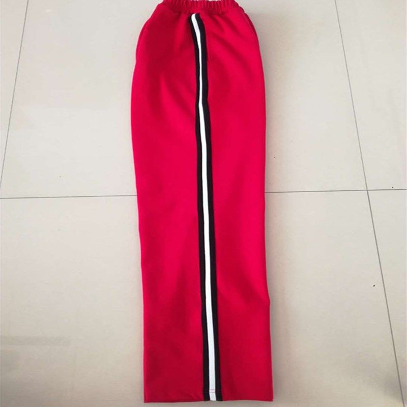 冬季新款加绒加厚男女红色运动直筒裤黑底白条中学生校服长裤定做