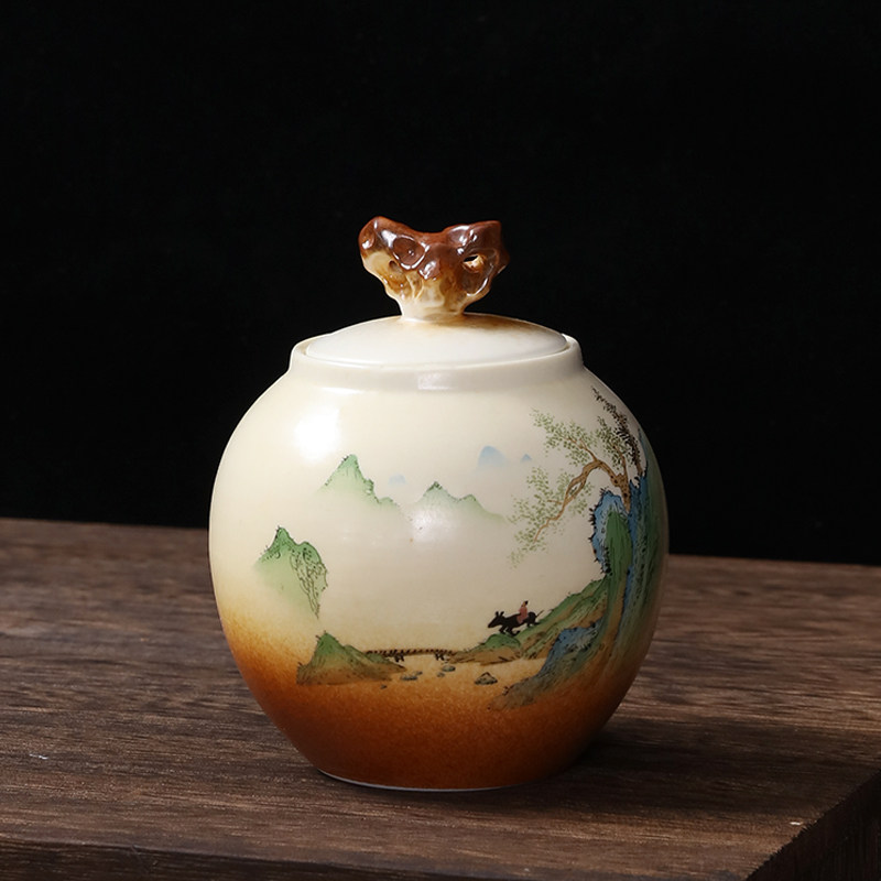 凌胜田园风茶叶罐 陶瓷密封罐子小号家用茶仓便携普洱茶具小茶罐