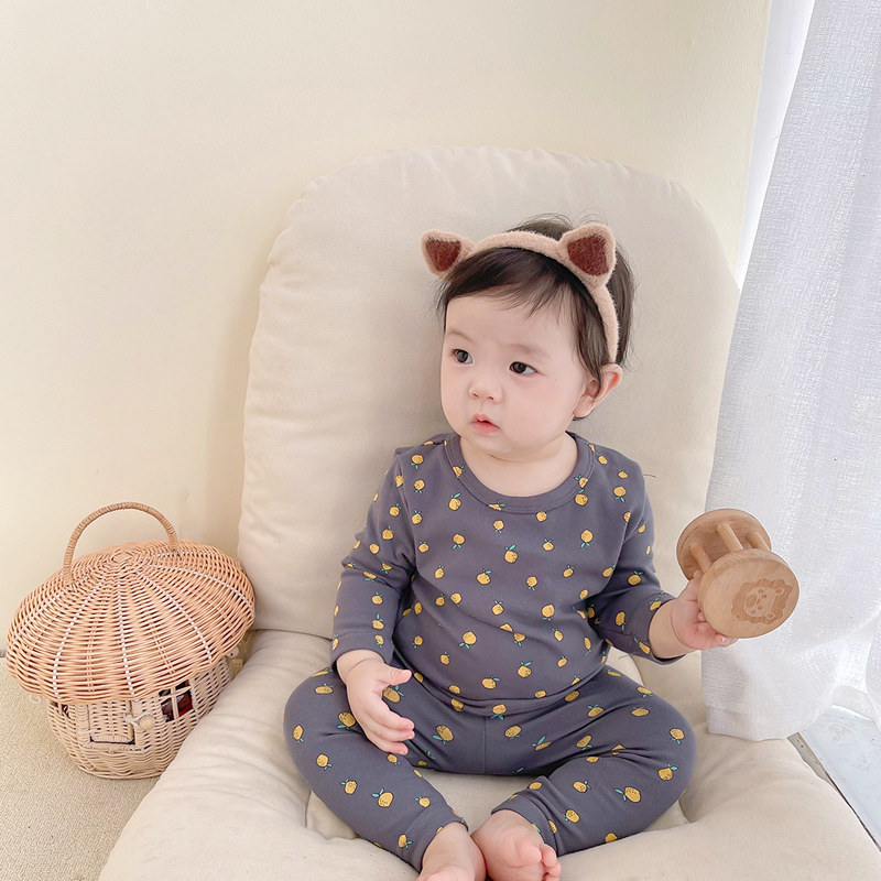 韩版春秋婴儿超洋气纯棉家居服长袖上衣裤子宝宝高腰护肚两件套装
