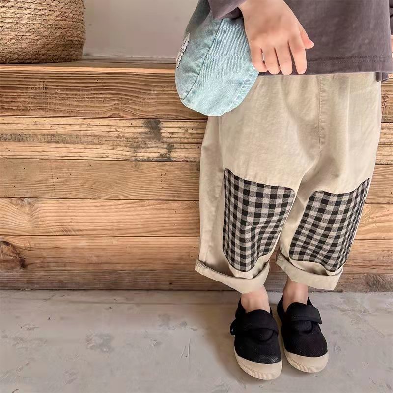 日系儿童春装时尚男女小童新款哈伦裤宝宝春秋棉布补丁休闲裤子