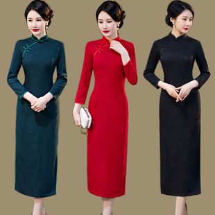 旗袍大尺码改良长袖高贵红色中国风妈妈装气质婚宴会礼服女长版裙